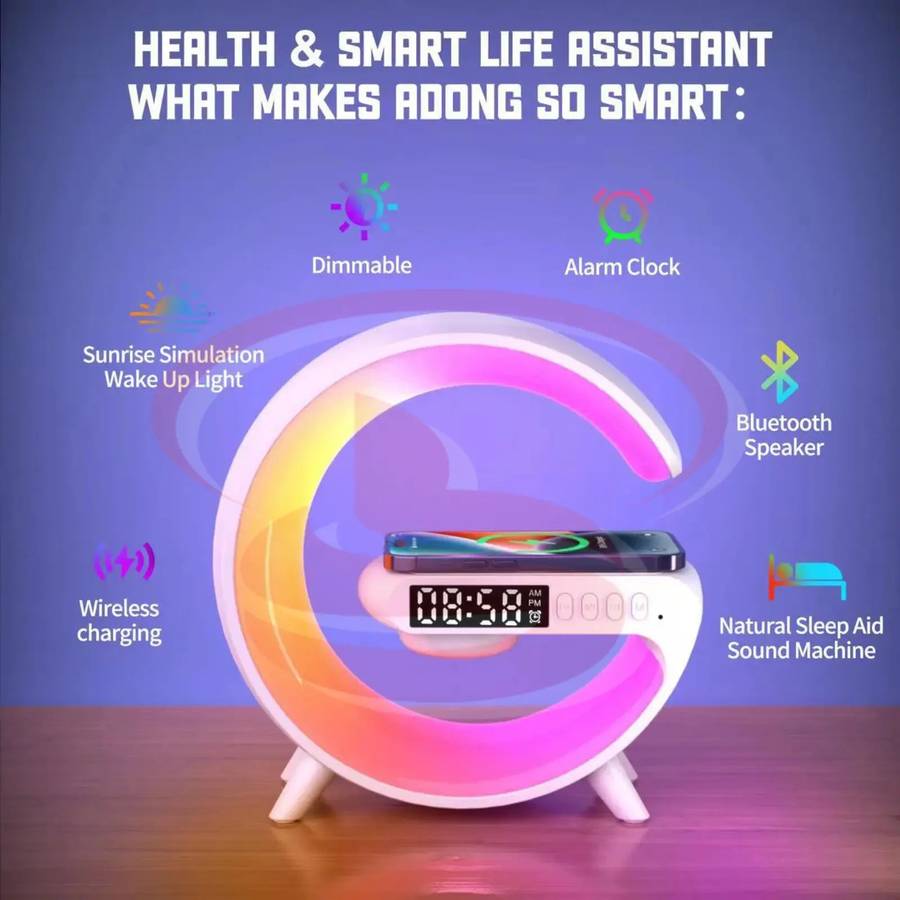 Mini G-Shape Multifunction Light With Alarm Clock, Wireless Charger & BT Speaker