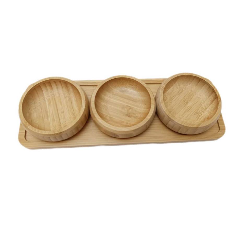 MHome 3pc Bamboo Snack Plate Set  Wooden Condiment Tray with 3 Serving Bowls