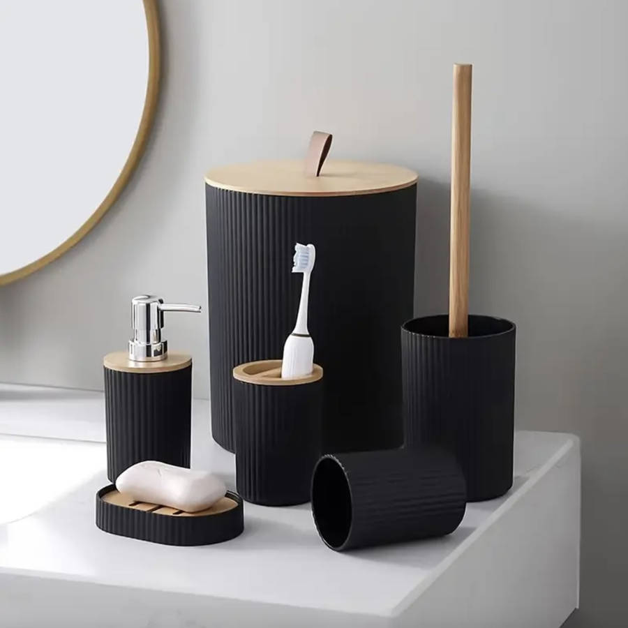 MHome 6-Piece Bathroom Accessory Set With Wooden Lid  Modern Bathroom Décor Essentials