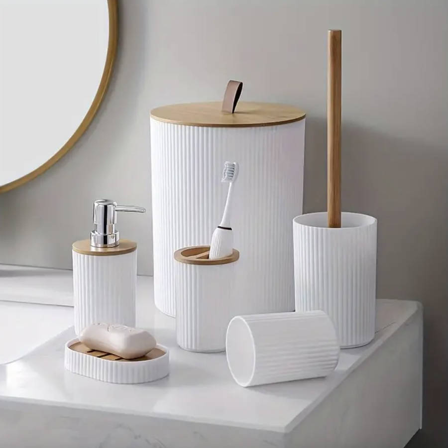 MHome 6-Piece Bathroom Accessory Set With Wooden Lid  Modern Bathroom Decor Essentials