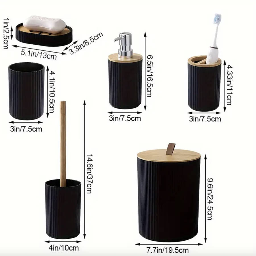 MHome 6-Piece Bathroom Accessory Set With Wooden Lid  Modern Bathroom Décor Essentials