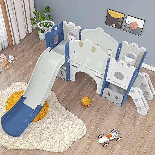 Kids Slide with Climber, Basketball Hoop, Tunnel and Storage Space, Outdoor Indoor Slide Playset ...