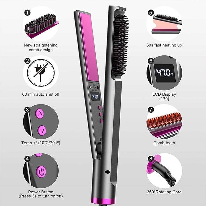 3-in-1 hair straightener, curling iron, hair straightening comb, with LED temperature display, fo...