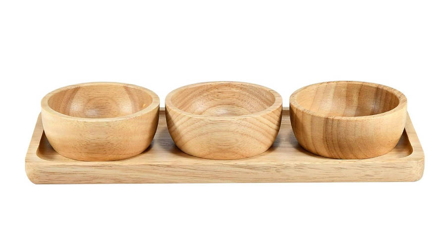 MHome 3pc Bamboo Snack Plate Set  Wooden Condiment Tray with 3 Serving Bowls