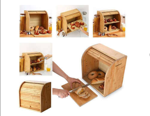 MHome Two-Layer Bamboo Bread Box  Adjustable Roll-Top Bread Storage Organizer