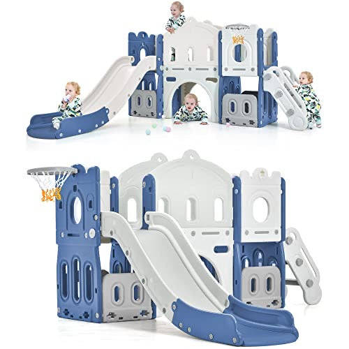 Kids Slide with Climber, Basketball Hoop, Tunnel and Storage Space, Outdoor Indoor Slide Playset ...