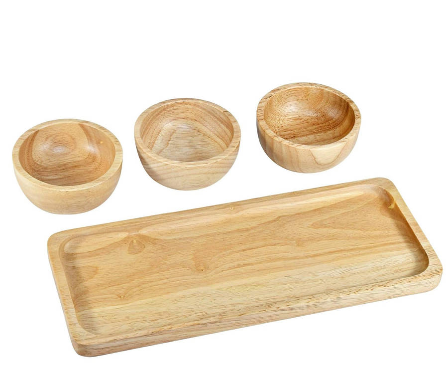 MHome 3pc Bamboo Snack Plate Set  Wooden Condiment Tray with 3 Serving Bowls