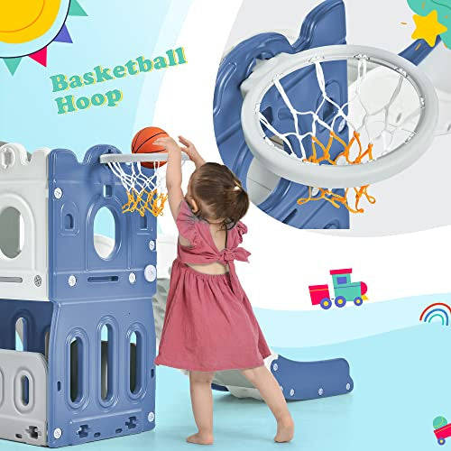 Kids Slide with Climber, Basketball Hoop, Tunnel and Storage Space, Outdoor Indoor Slide Playset ...