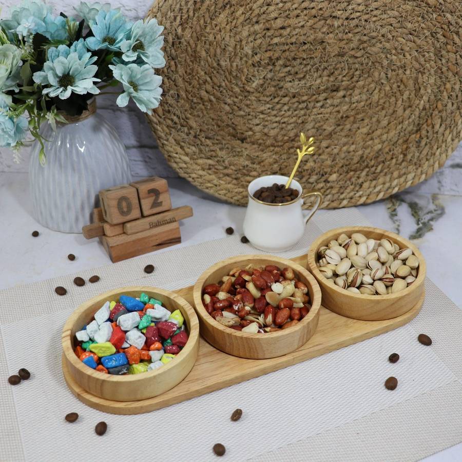 MHome 3pc Bamboo Snack Plate Set  Wooden Condiment Tray with 3 Serving Bowls