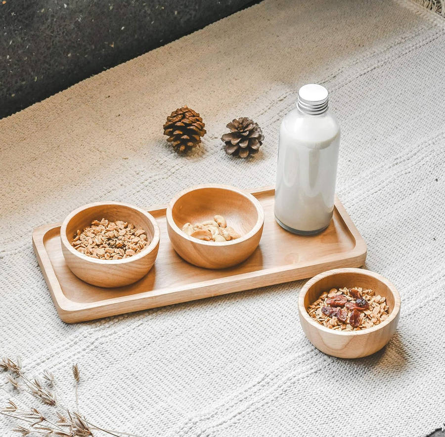 MHome 3pc Bamboo Snack Plate Set  Wooden Condiment Tray with 3 Serving Bowls