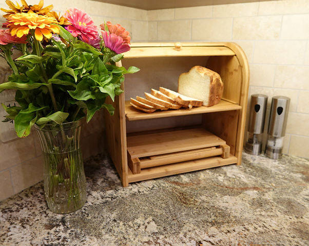 MHome Two-Layer Bamboo Bread Box  Adjustable Roll-Top Bread Storage Organizer