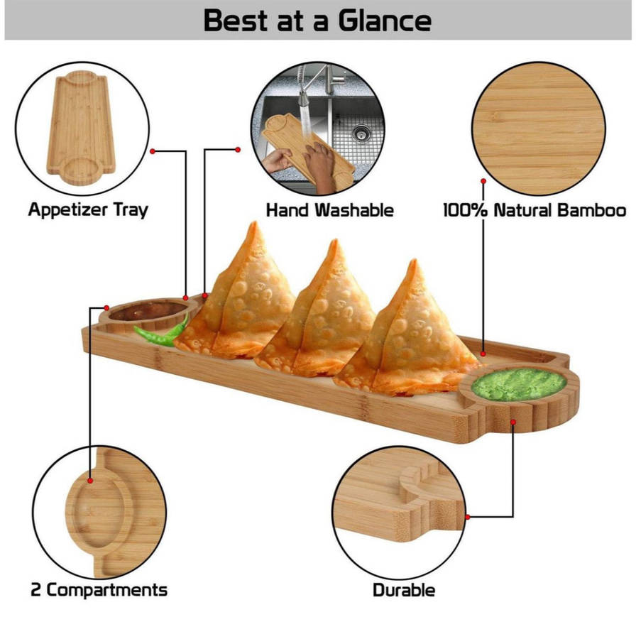 MHome Wooden Bamboo Appetizer Platter  3-Compartment Serving Tray 39 cm