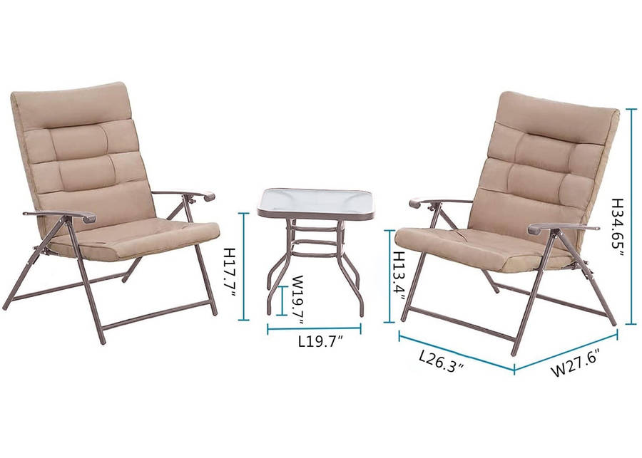 MFurn Ventura 3 Piece Folding Patio Set With Padded Chairs And Table