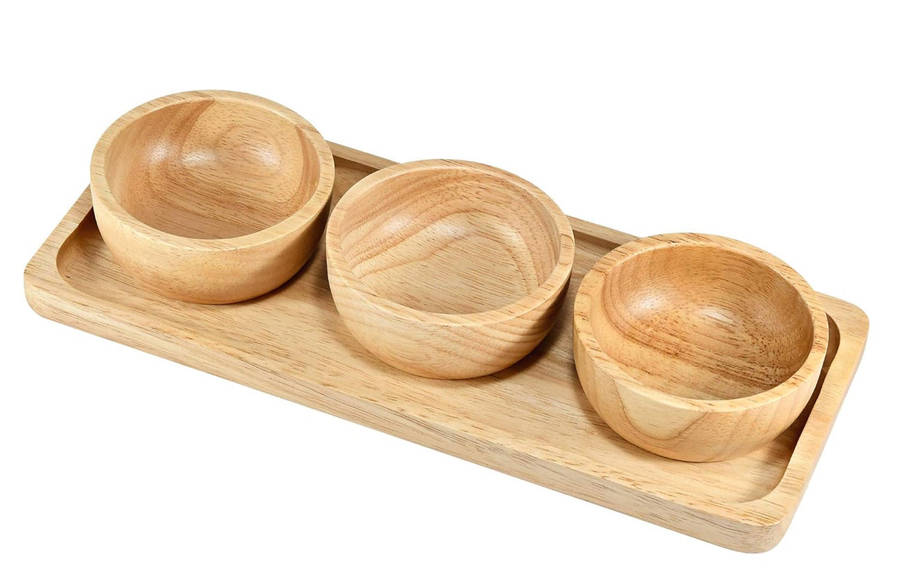 MHome 3pc Bamboo Snack Plate Set  Wooden Condiment Tray with 3 Serving Bowls