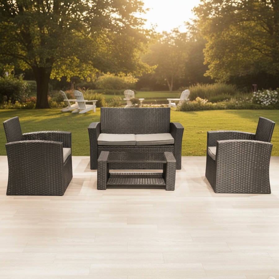 MFurn Amalfi 4 Piece Outdoor Rattan Sofa Set With Iron Frame And Glass Table Inc Cushions