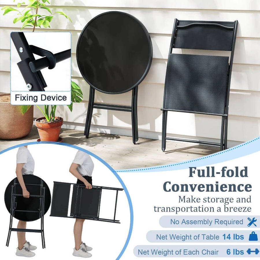 MFurn Alicia 3-Piece Black Folding Patio Bistro Set with Glass Table