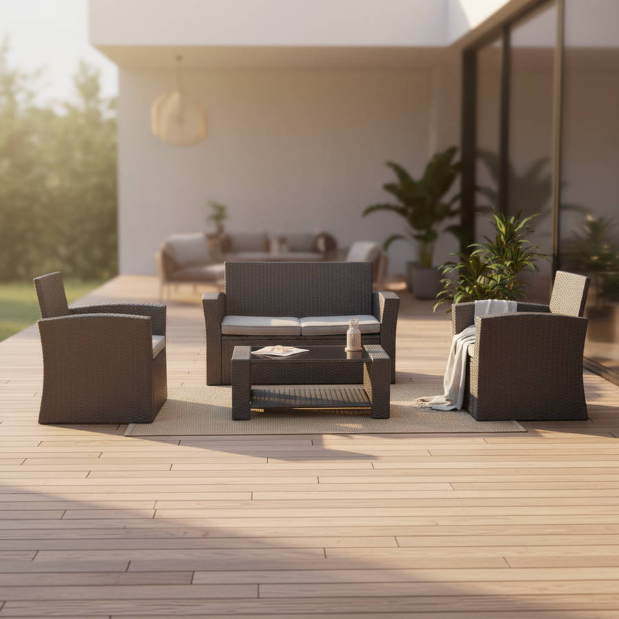 MFurn Amalfi 4 Piece Outdoor Rattan Sofa Set With Iron Frame And Glass Table Inc Cushions