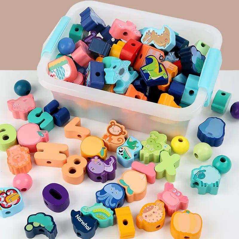 Wooden Blocks Lacing Beads Toy Puzzle Sorting Educational 60 Block Beads