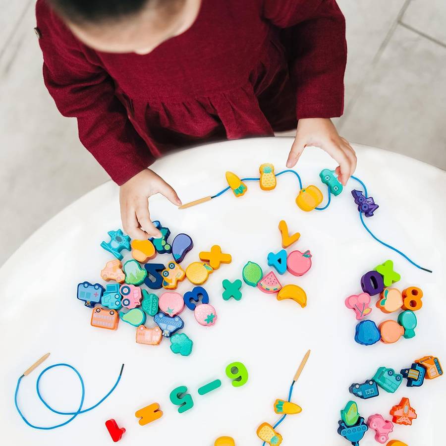 Wooden Blocks Lacing Beads Toy Puzzle Sorting Educational 60 Block Beads