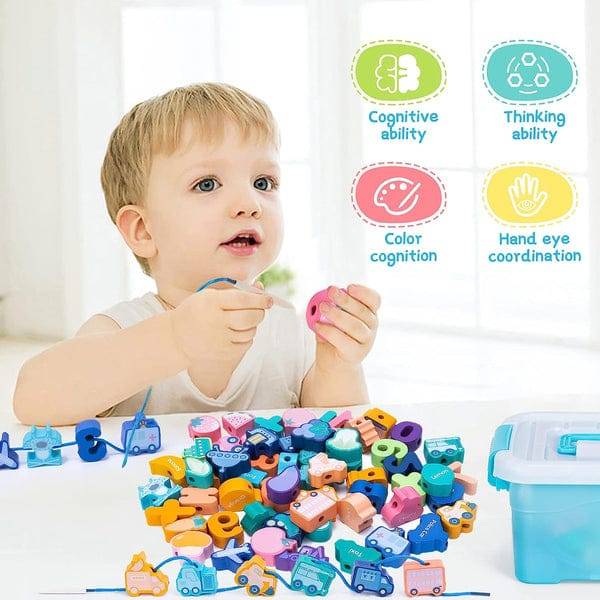 Wooden Blocks Lacing Beads Toy Puzzle Sorting Educational 60 Block Beads