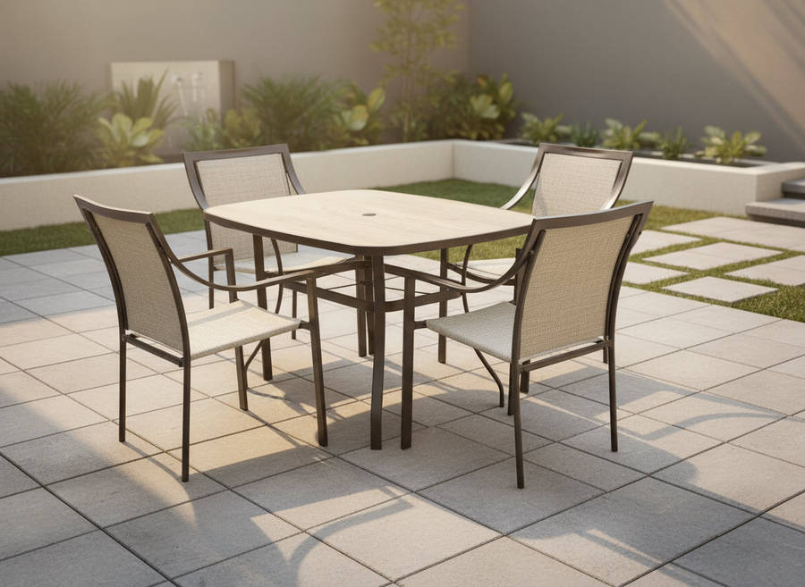 MFurn Judy Inspired 5Pc Patio Dining Set with Plastic Marble Look Table Top