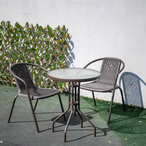 MFurn Bistro 3 Piece Outdoor Wicker Set With Glass Top Table - Various Colours