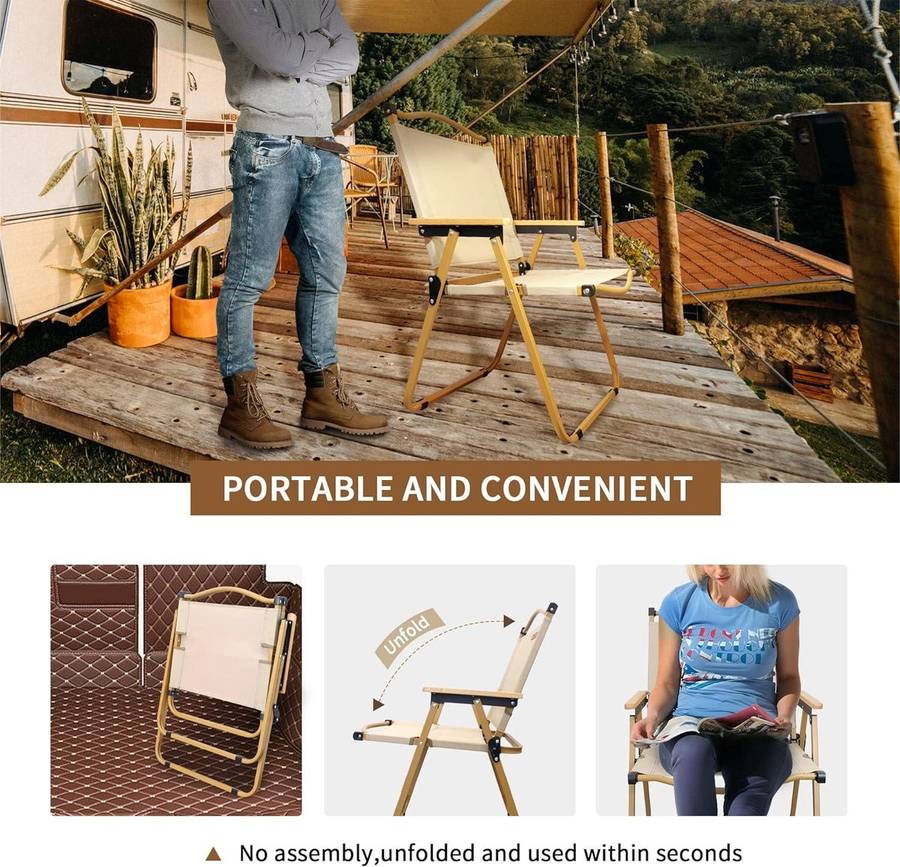 MHome Portable Outdoor Chair with Wood Armrests  Foldable & Heavy-Duty