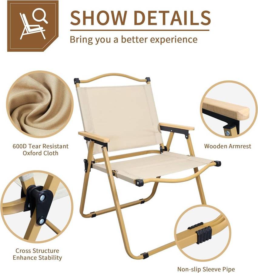 MHome Portable Outdoor Chair with Wood Armrests  Foldable & Heavy-Duty