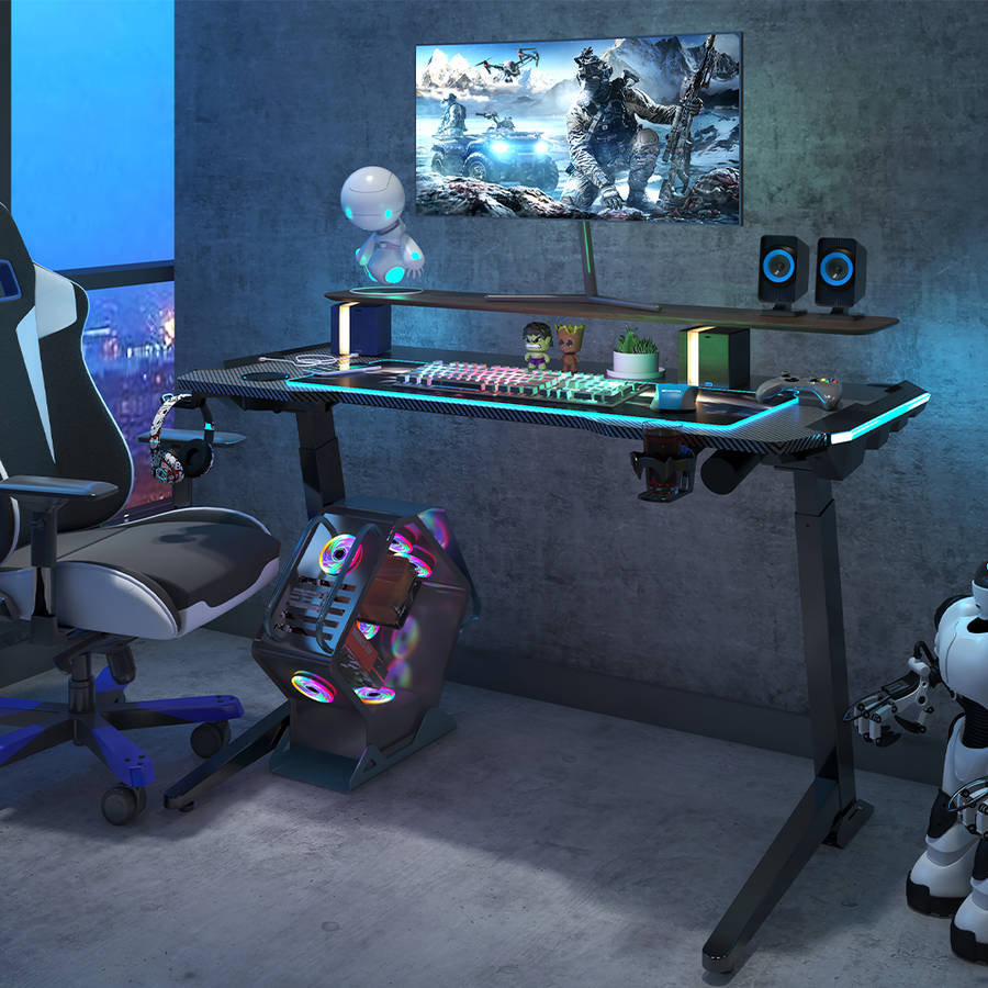 Angled Electric Height Adjustable Gaming Desk With RGB Lighting