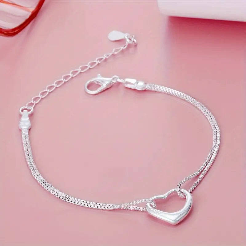 Elegant 925 Silver Heart Charm Bracelet and Pendant Necklace Set