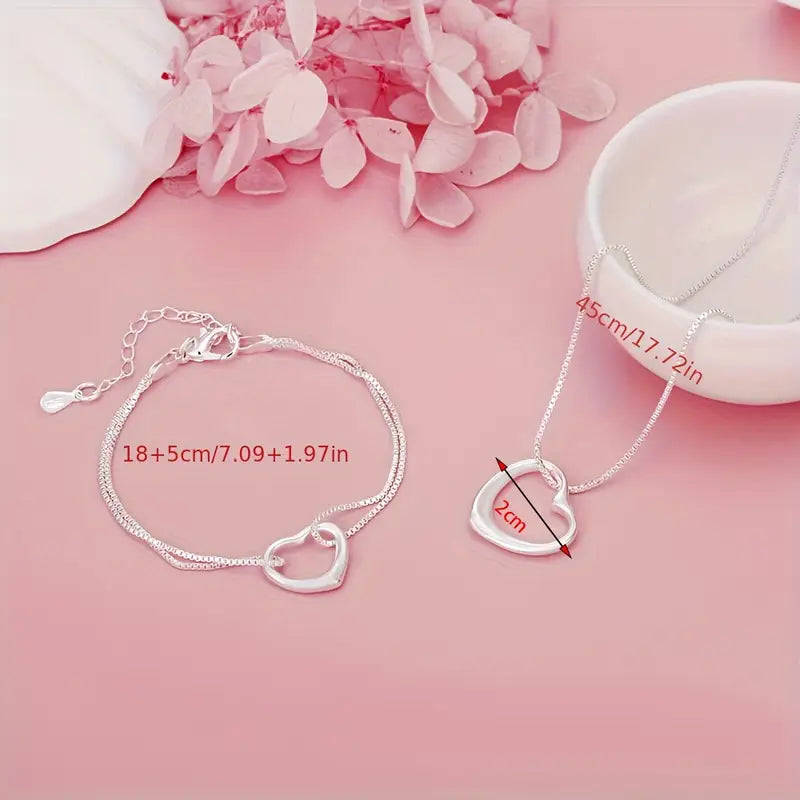 Elegant 925 Silver Heart Charm Bracelet and Pendant Necklace Set