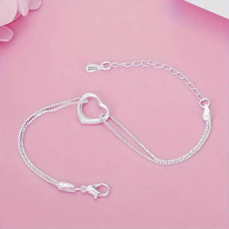 Elegant 925 Silver Heart Charm Bracelet and Pendant Necklace Set
