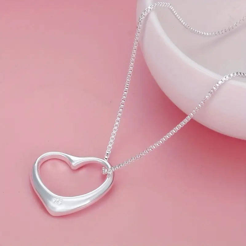 Elegant 925 Silver Heart Charm Bracelet and Pendant Necklace Set
