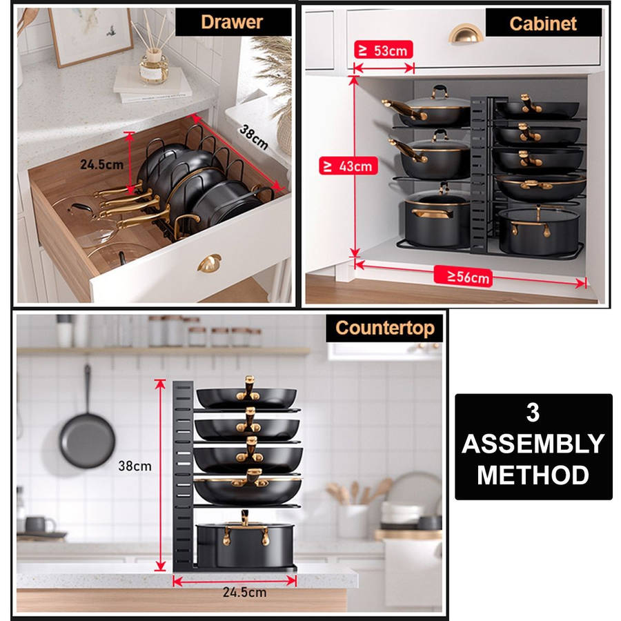 8 Tier Pot And Pan Organiser Rack Adjustable Under Or In Cabinet- 3 Methods