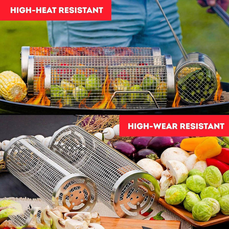 2 Pack BBQ Rolling Grill Baskets For Braai Grilling Wooden Handle-Men Gift