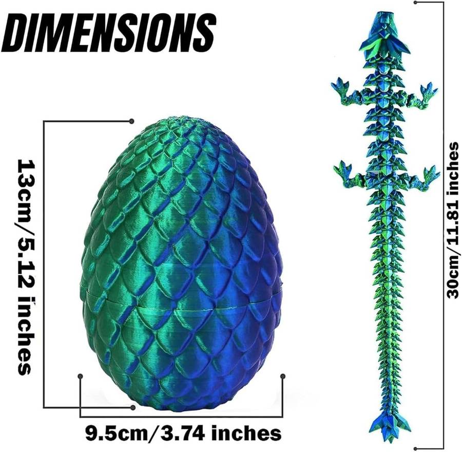 3D Printed Dragon Egg - Articulated Crystal Dragon Inside Fantasy Fidget Toy - Green, Blue