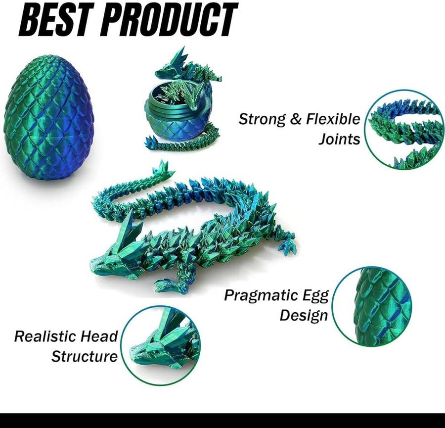 3D Printed Dragon Egg - Articulated Crystal Dragon Inside Fantasy Fidget Toy - Green, Blue