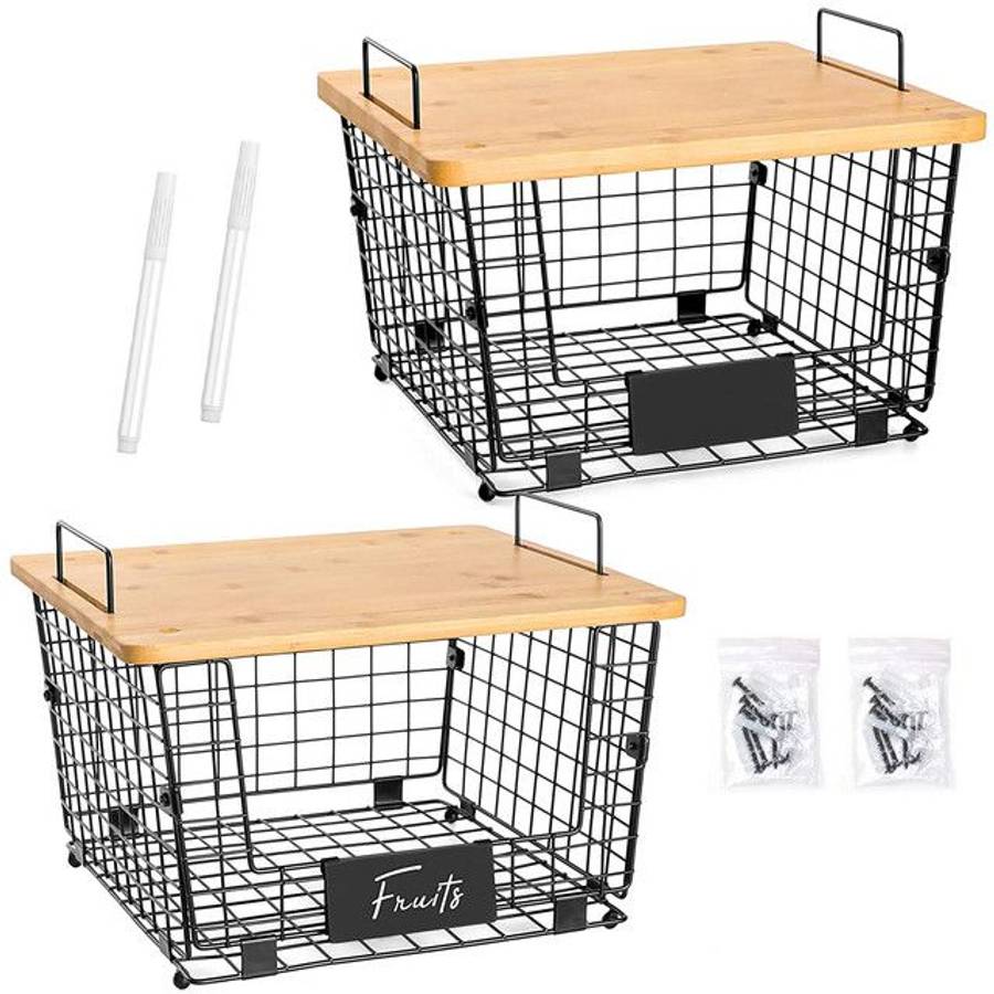 2x Metal Kitchen Counter Baskets -Organiser- Bamboo Top Pantry Storage Bins