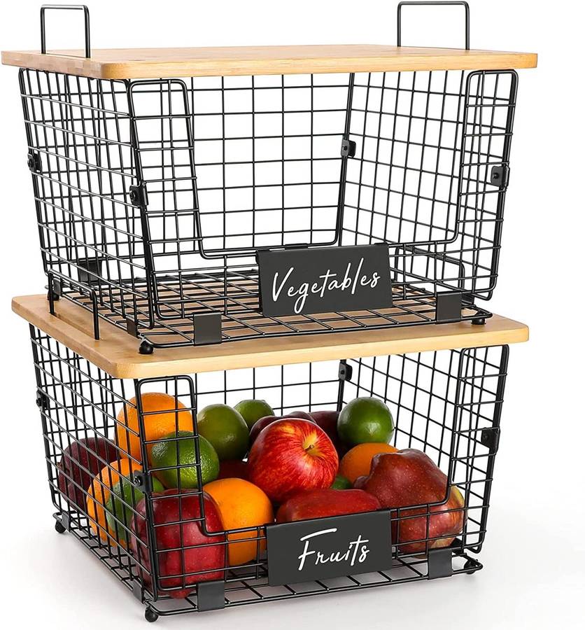 2x Metal Kitchen Counter Baskets -Organiser- Bamboo Top Pantry Storage Bins
