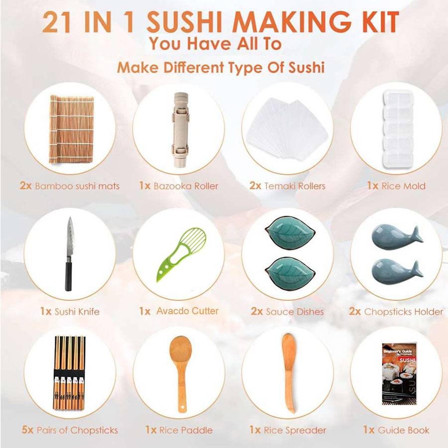 21 in 1 Sushi Making Kit With Bazooka Roller