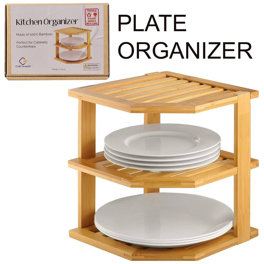 3 Tier-Bamboo Corner Shelf Plate Organizer For Kitchen and Bathroom Storage
