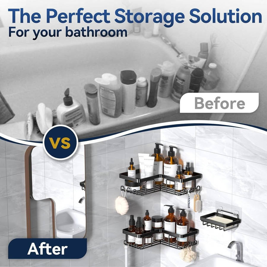 Corner Adhesive Shower Caddy No Drill Organiser With 2 Soap Holder, Hooks