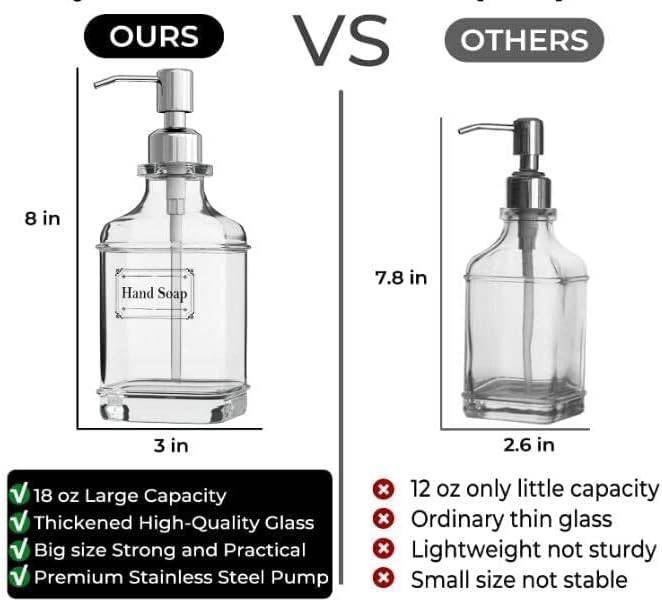 2 Pack Glass Soap Dispenser Clear Antique Design Silver Steel Pump & Labels