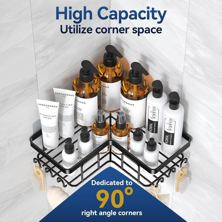 Corner Adhesive Shower Caddy No Drill Organiser With 2 Soap Holder, Hooks