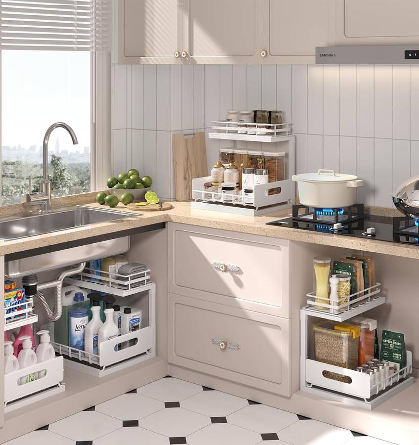 2-Pack Under Sink Organiser Kitchen Bathroom Pull Out Storage Shelves-White