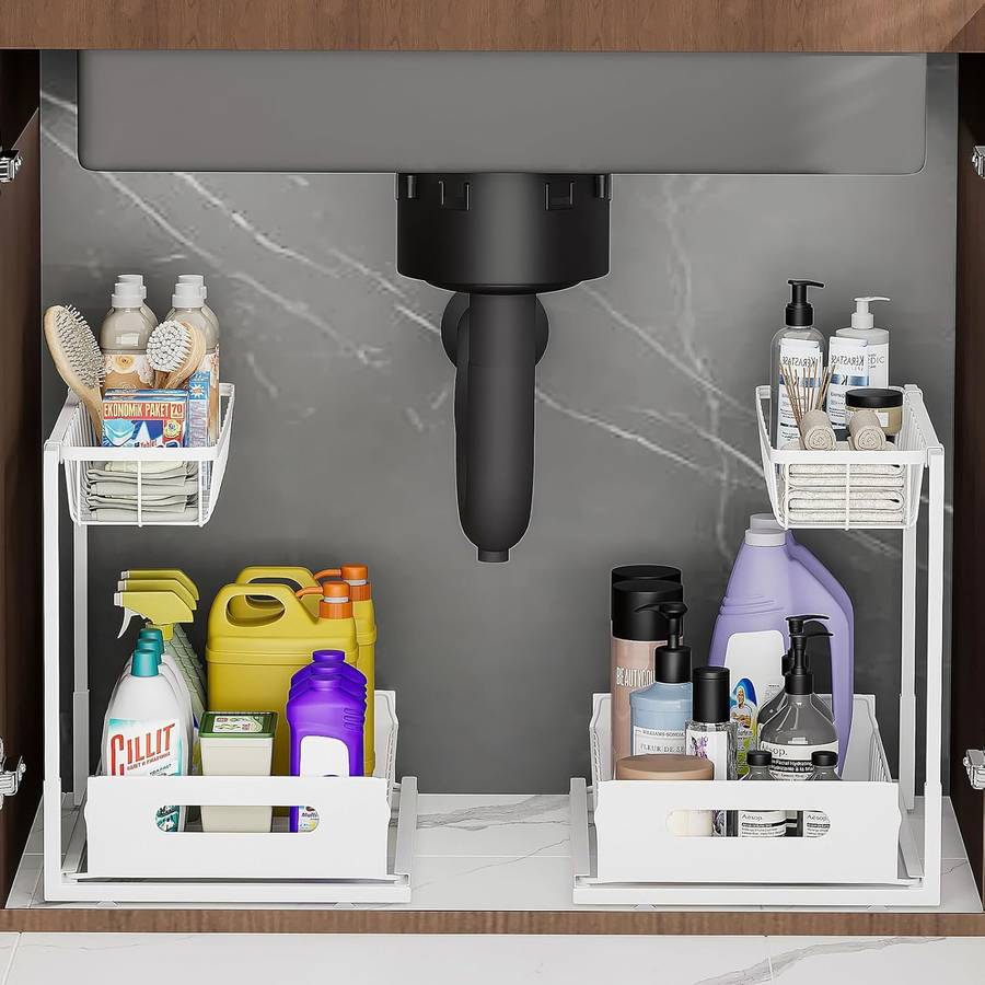 2-Pack Under Sink Organiser Kitchen Bathroom Pull Out Storage Shelves-White