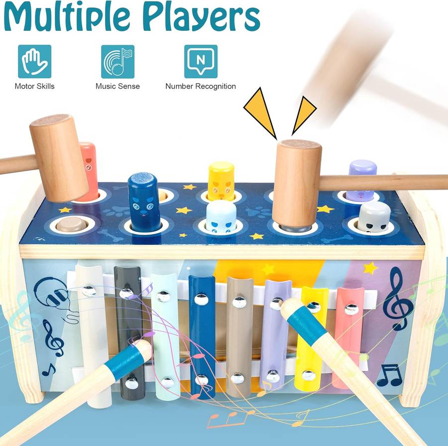Wooden Montessori Toddler Toy-Hammering Pounding & Xylophone,Number Sorter
