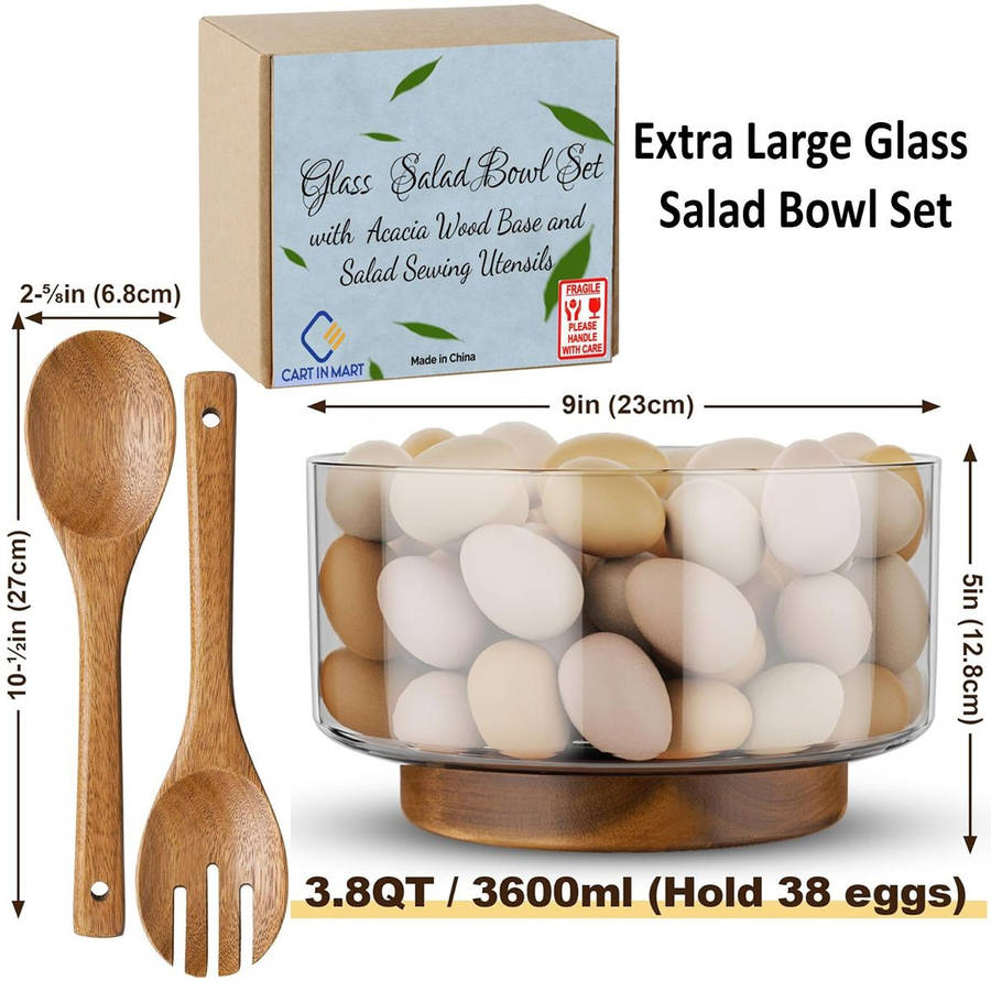 Extra Large Glass Salad Bowl Set With Wood Base & Serving Utensils-Modern