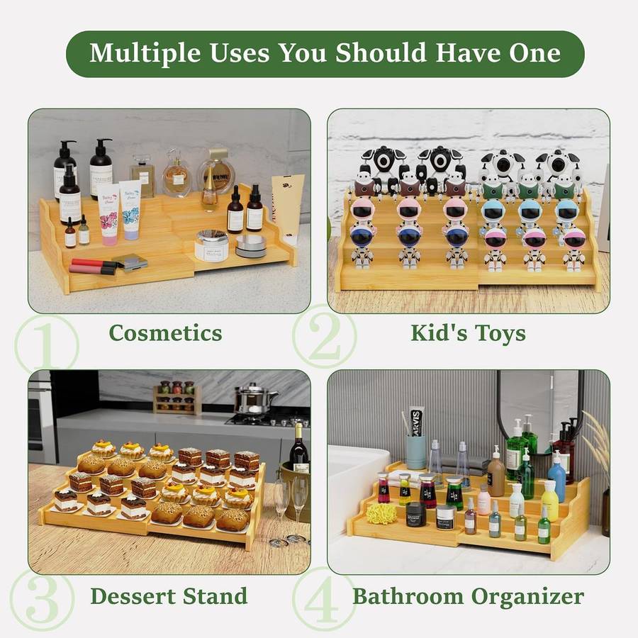 3 Tier Expandbale Bamboo Spice Rack Organiser Cabinet With Labels & Marker - S
