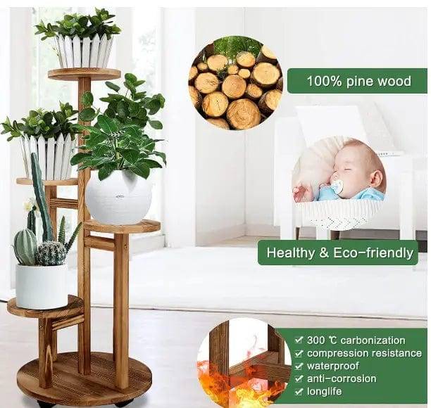 5 Tier Plant Stand With Wheels For Indoor - Walnut